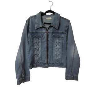 Y2K Stone Jeans Denim Jacket Medium Wash Lace Up Grommet Zip Front